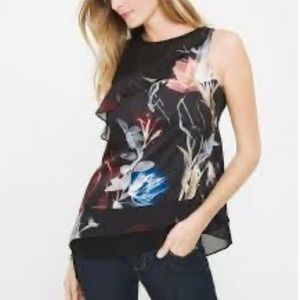 White House Black Market Floral Asymmetrical Top w. Ruffle & Sheer detail S EUC